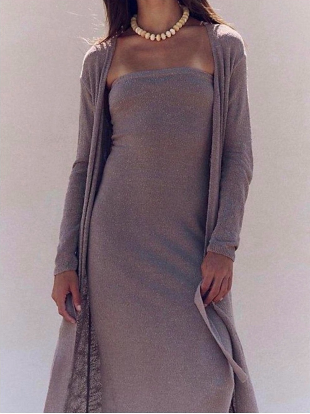 Free People Taupe Sparkle Strapless Maxi & Matching Cardigan